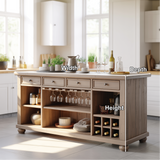 Handcrafted Solid Wood Kitchen Island with Wine Storage, Drawers, and Open Shelving