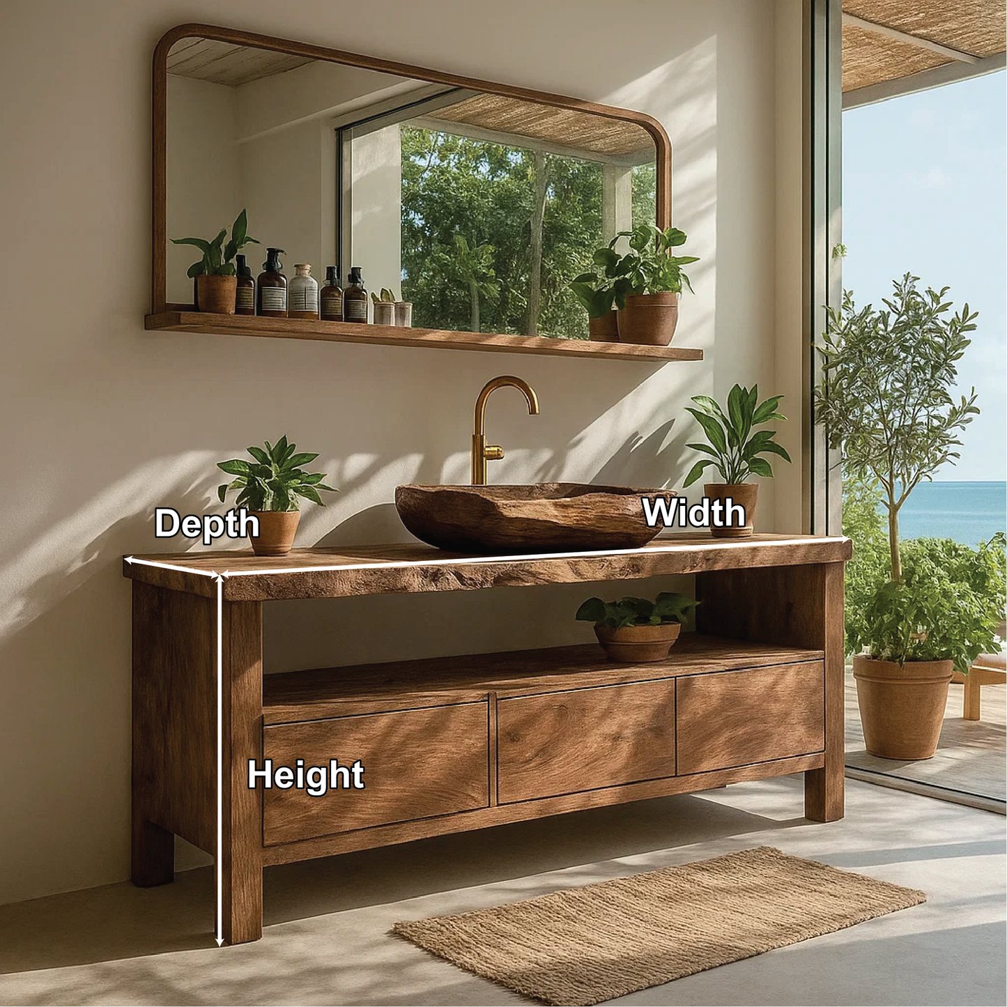 Handcrafted Solid Wood Bathroom Vanity with Natural Live Edge Design and Coastal Aesthetic