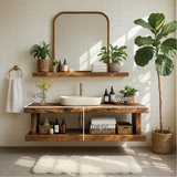 Handcrafted Solid Wood Floating Vanity with Live Edge Design and Open Shelf Storage