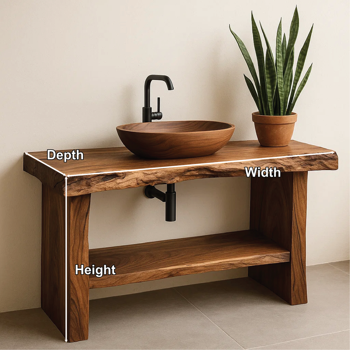 Handcrafted Live Edge Solid Wood Bathroom Vanity with Natural Finish and Open Storage Shelf