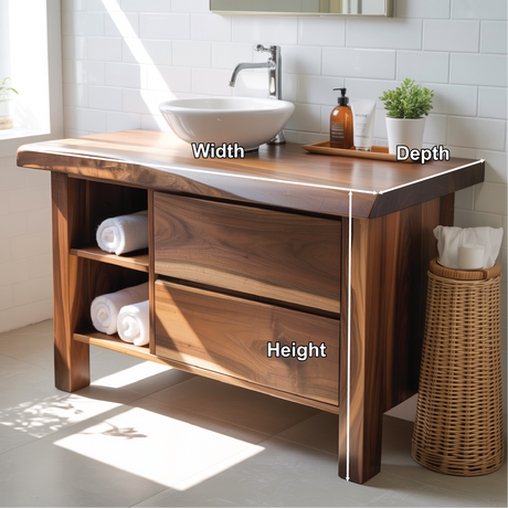 Handcrafted Solid Wood Bathroom Vanity with Live-Edge Countertop and Modern Open Shelf Storage