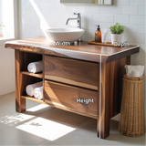 Handcrafted Solid Wood Bathroom Vanity with Live-Edge Countertop and Modern Open Shelf Storage