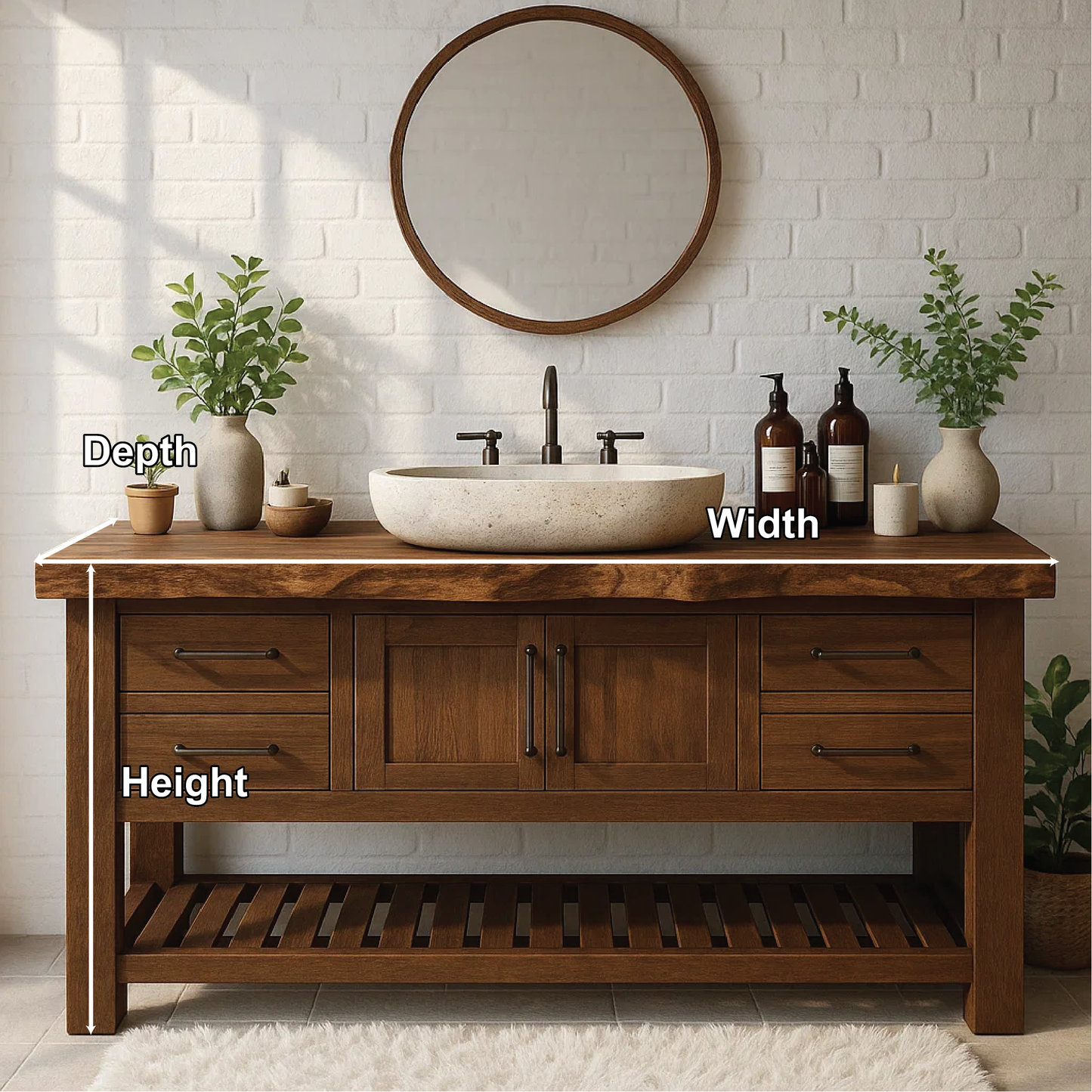 Rustic Solid Wood Bathroom Vanity with Live Edge Top and Modern Farmhouse Storage Design