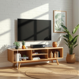 Handcrafted Solid Wood TV Stand with Open Shelving and Mid-Century Modern Minimalist Design