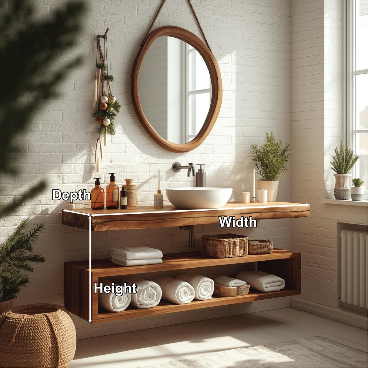 Handcrafted Solid Wood Floating Bathroom Vanity with Live Edge Countertop and Open Storage Shelf