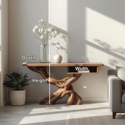 Handcrafted Solid Wood Console Table with Organic Tree-Root Base and Floating Shelf Design