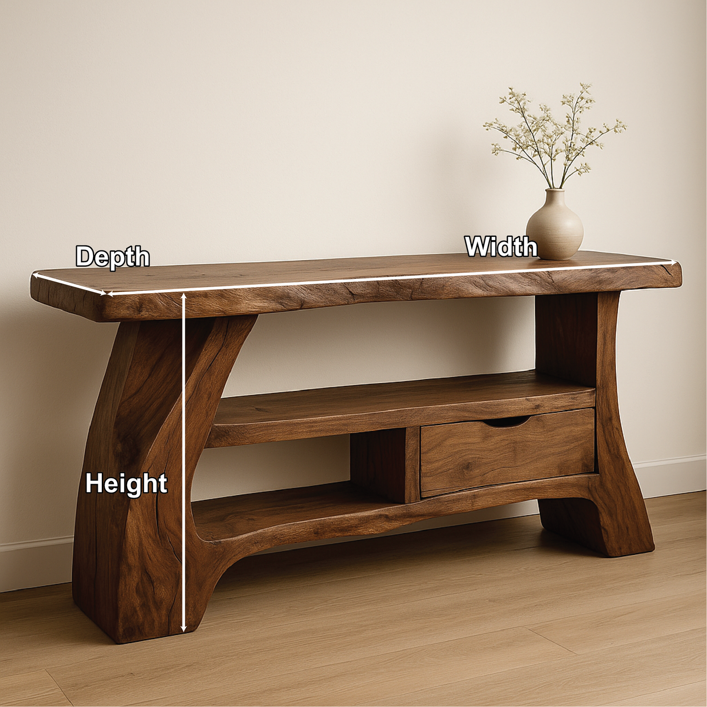 Handcrafted Solid Wood Console Table with Organic Curved Design and Drawer for Modern Homes