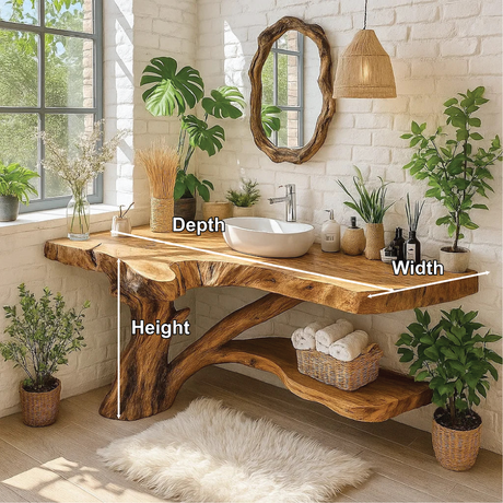Handcrafted Solid Wood Bathroom Vanity with Natural Tree Trunk Base and Live Edge Design
