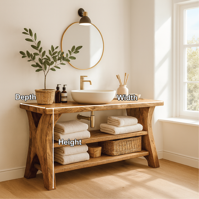 Handcrafted Solid Wood Bathroom Vanity with Natural Live Edge and Open Storage Shelf Design