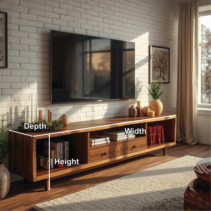 Handcrafted Solid Wood TV Stand with Natural Finish and Modern Storage Design for Living Room