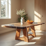 Handcrafted Live Edge Solid Wood Dining Table – Natural Slab Kitchen Table with Modern Base