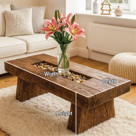 Handcrafted Solid Wood Coffee Table with Rustic Live Edge Design and Natural Stone Centerpiece