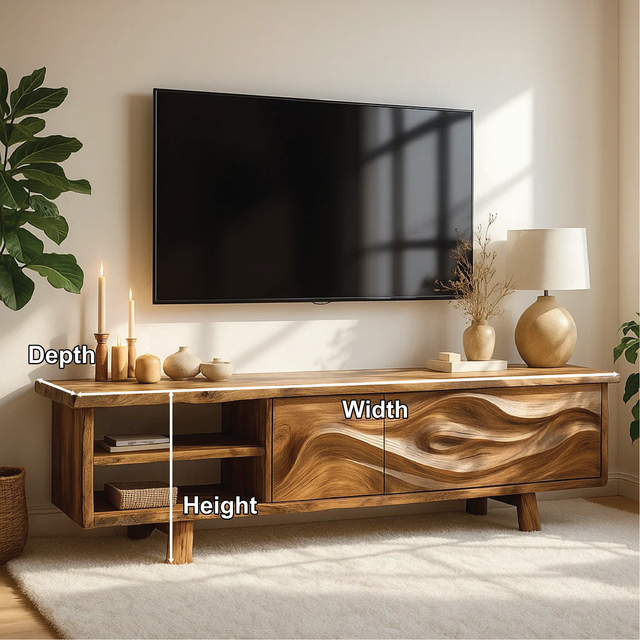Handcrafted Solid Wood TV Stand with Wave Carved Doors and Natural Finish for Modern Living Rooms
