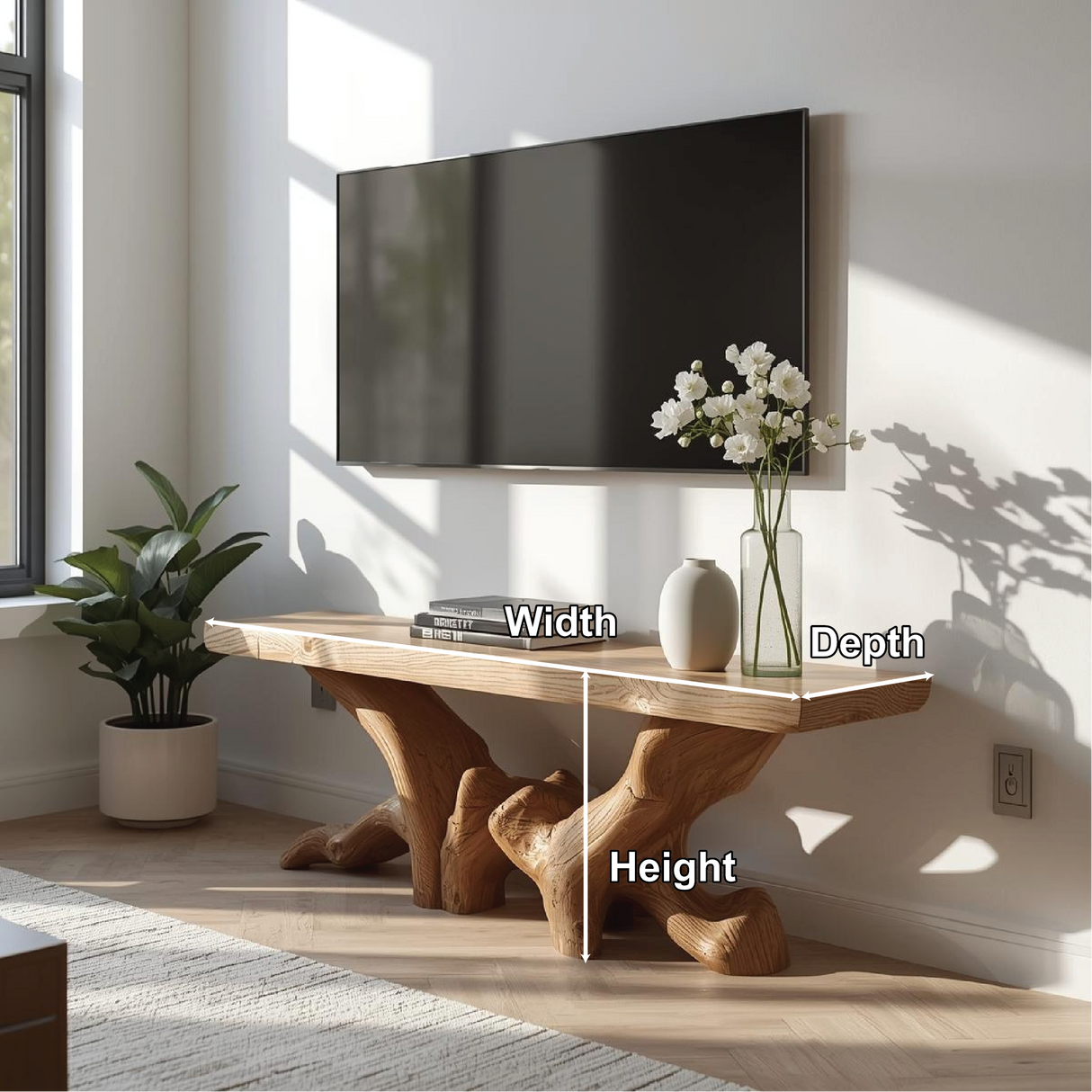 Handcrafted Solid Wood TV Stand with Organic Root Design and Natural Finish for Modern Interiors