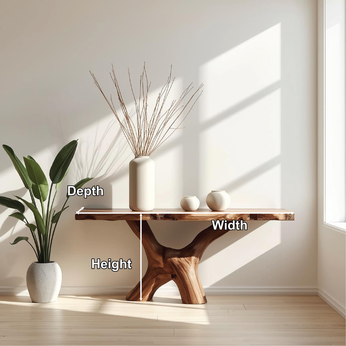 Handcrafted Solid Wood Console Table with Sculptural Organic Base and Natural Live Edge