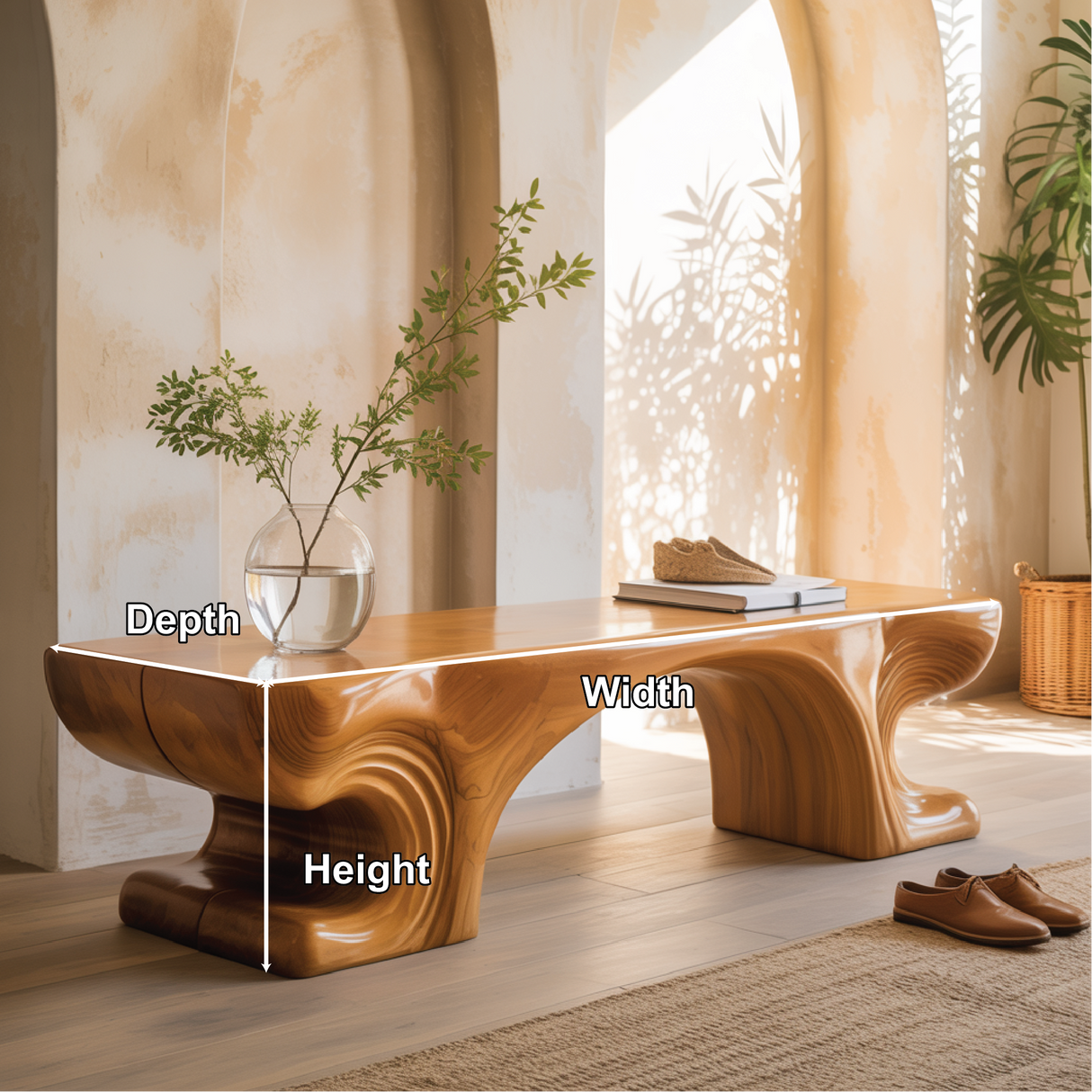 Handcrafted Solid Wood Entryway Bench with Sculpted Organic Base and Smooth Modern Finish