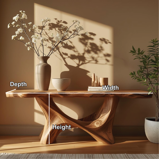 Handcrafted Solid Wood Console Table with Sculptural Organic Base and Live Edge Natural Finish