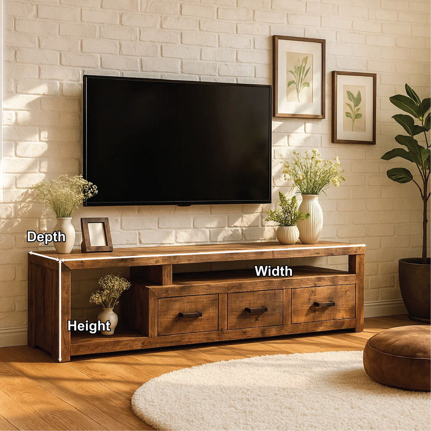 Handcrafted Solid Wood Rustic TV Stand – Farmhouse Style Media Console with Storage Drawers
