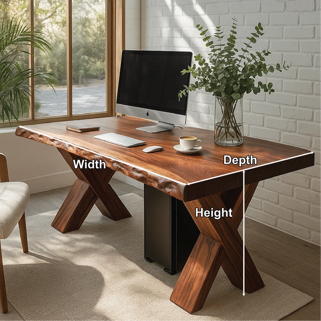 Handcrafted Solid Wood Work Desk – Live Edge Office Table with X-Leg Base and Natural Finish