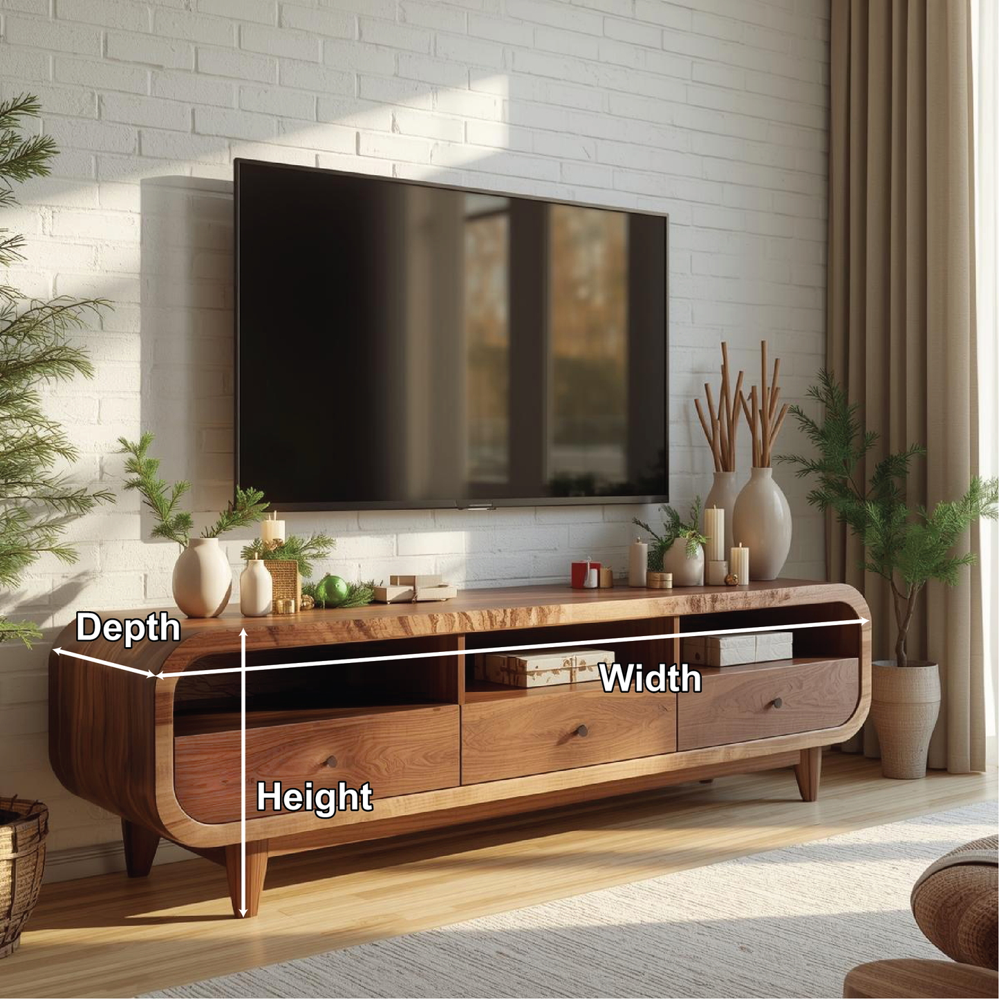 Handcrafted Solid Wood TV Stand with Rounded Edges and Natural Finish for Contemporary Living Rooms