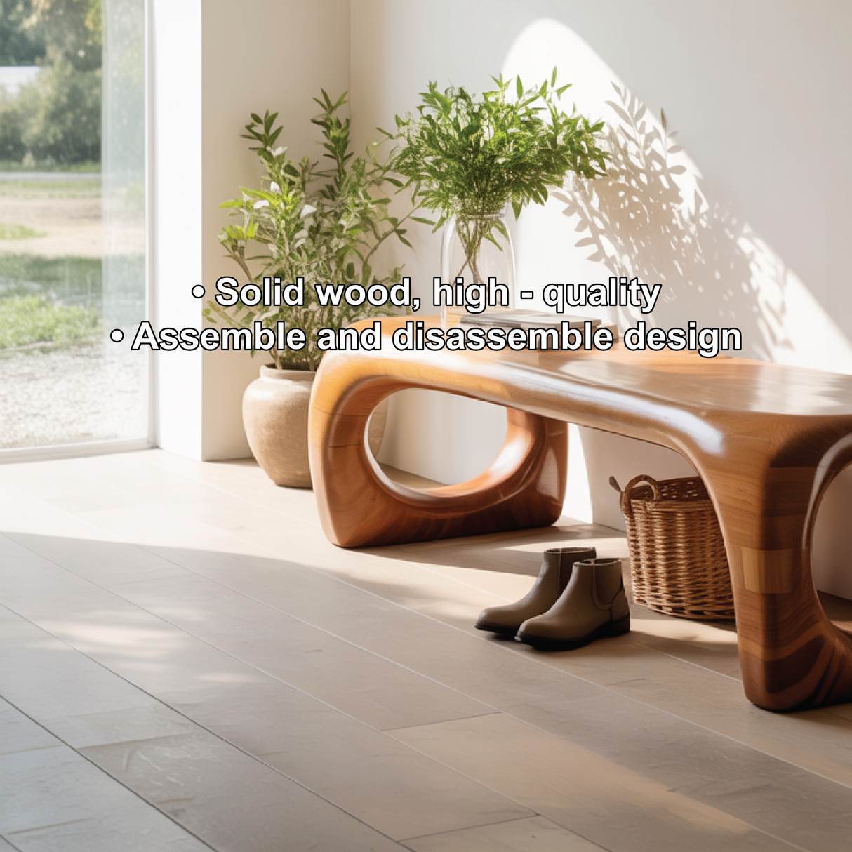 Handcrafted Solid Wood Entryway Bench with Modern Sculpted Organic Frame and Polished Finish