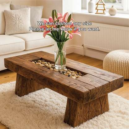 Handcrafted Solid Wood Coffee Table with Rustic Live Edge Design and Natural Stone Centerpiece
