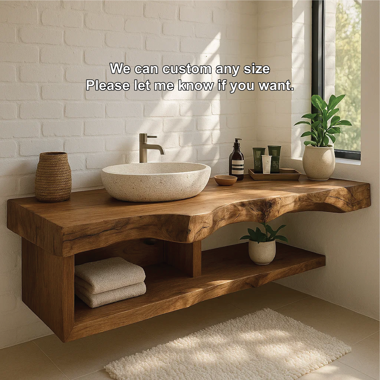 Handcrafted Solid Wood Floating Vanity with Natural Live Edge and Open Shelf Design