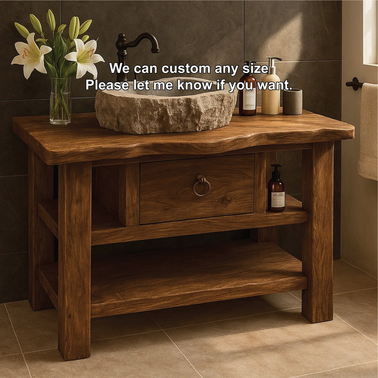 Handcrafted Solid Wood Bathroom Vanity with Drawer and Shelves for Rustic Natural Interior Design