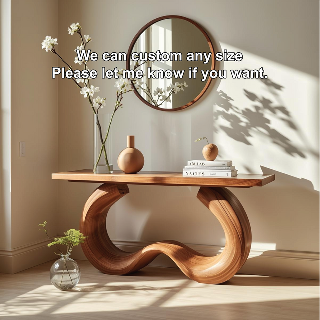 Handcrafted Solid Wood Console Table with Artistic Curved Base and Modern Minimalist Design