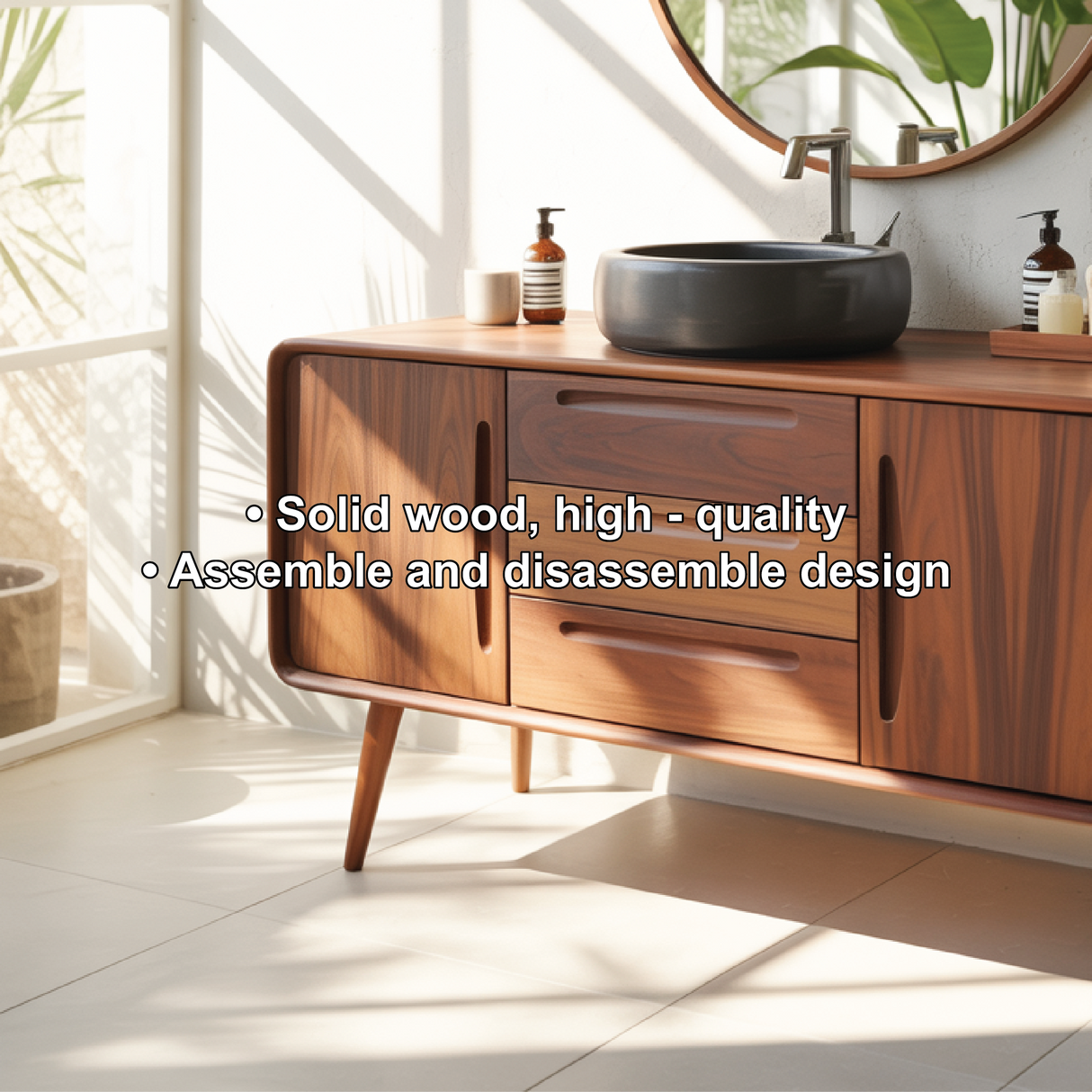 Solid Wood Bathroom Vanity with Mid-Century Design – Handmade Natural Timber Sink Cabinet