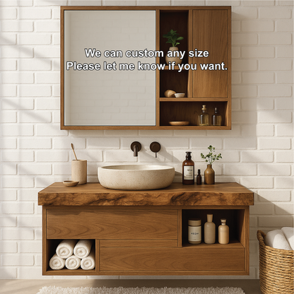 Handcrafted Solid Wood Floating Vanity with Integrated Storage and Matching Wall Cabinet