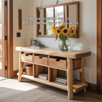 Handcrafted Solid Wood Console Table with Natural Live Edge and Rustic Drawers for Entryway