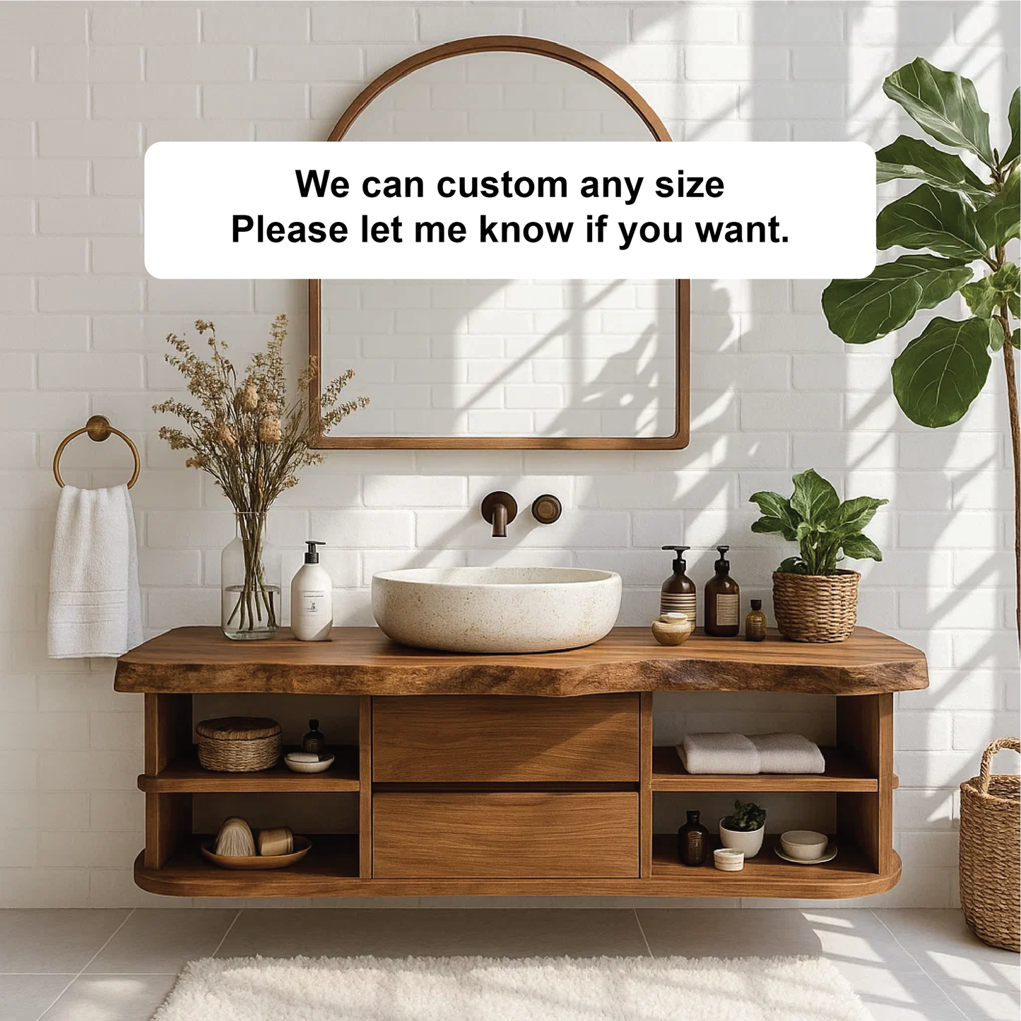 Handcrafted Solid Wood Floating Vanity with Rounded Shelves and Live Edge Countertop