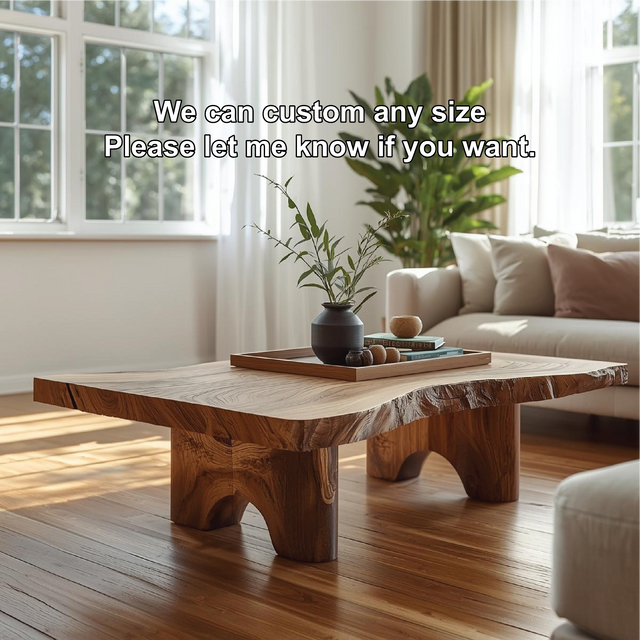 Handcrafted Solid Wood Coffee Table with Live Edge Top and Sculpted Block Legs Design