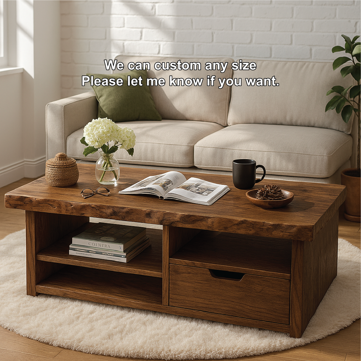 Handcrafted Solid Wood Coffee Table with Drawer and Open Shelves in Natural Live Edge Design