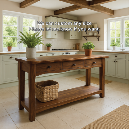 Handcrafted Solid Wood Console Table with Drawers and Shelf for Rustic Farmhouse Kitchen Decor