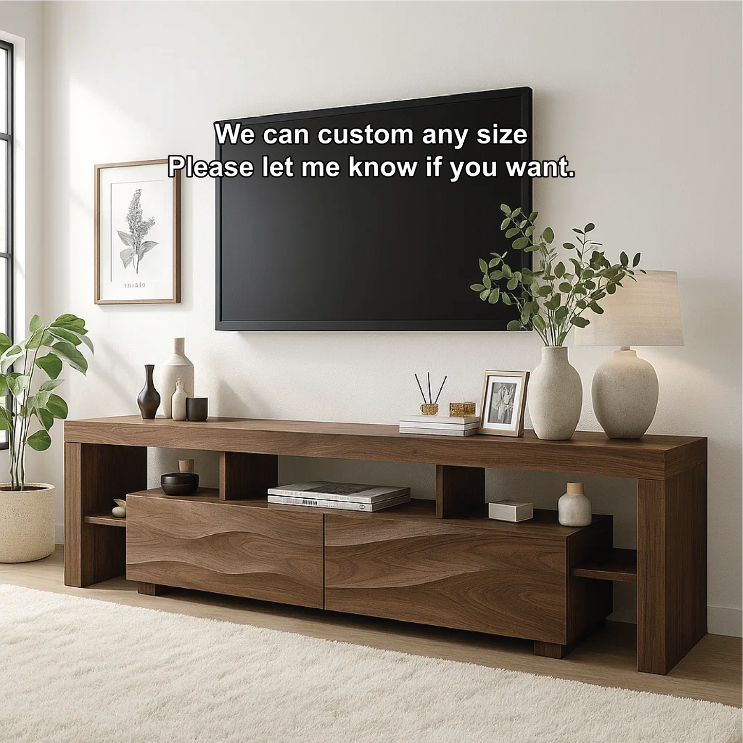 Handcrafted Solid Wood TV Stand – Modern Double-Layer Media Console with Wavy Drawer Design