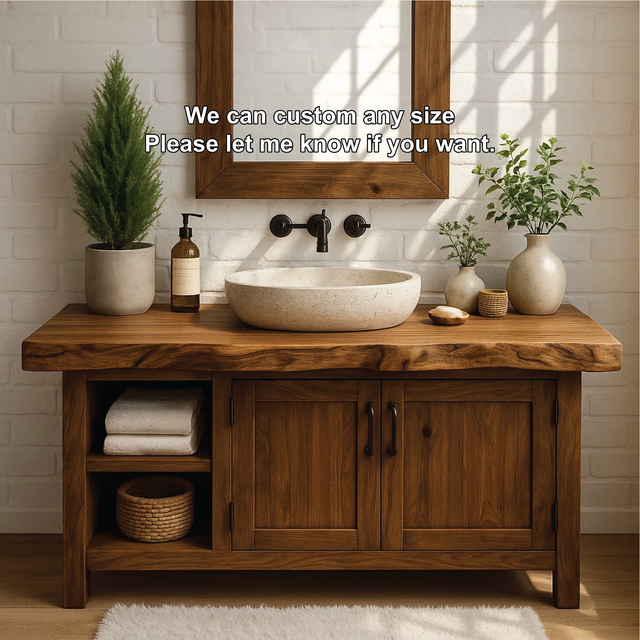 Handcrafted Solid Wood Bathroom Vanity with Live Edge Top and Farmhouse Rustic Design