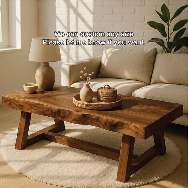 Handcrafted Solid Wood Coffee Table with Natural Live Edge and Angled Base for Modern Homes