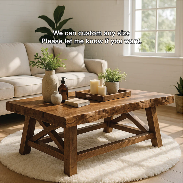 Handcrafted Solid Wood Coffee Table with Rustic Live Edge Top and Sturdy Cross-Leg Base