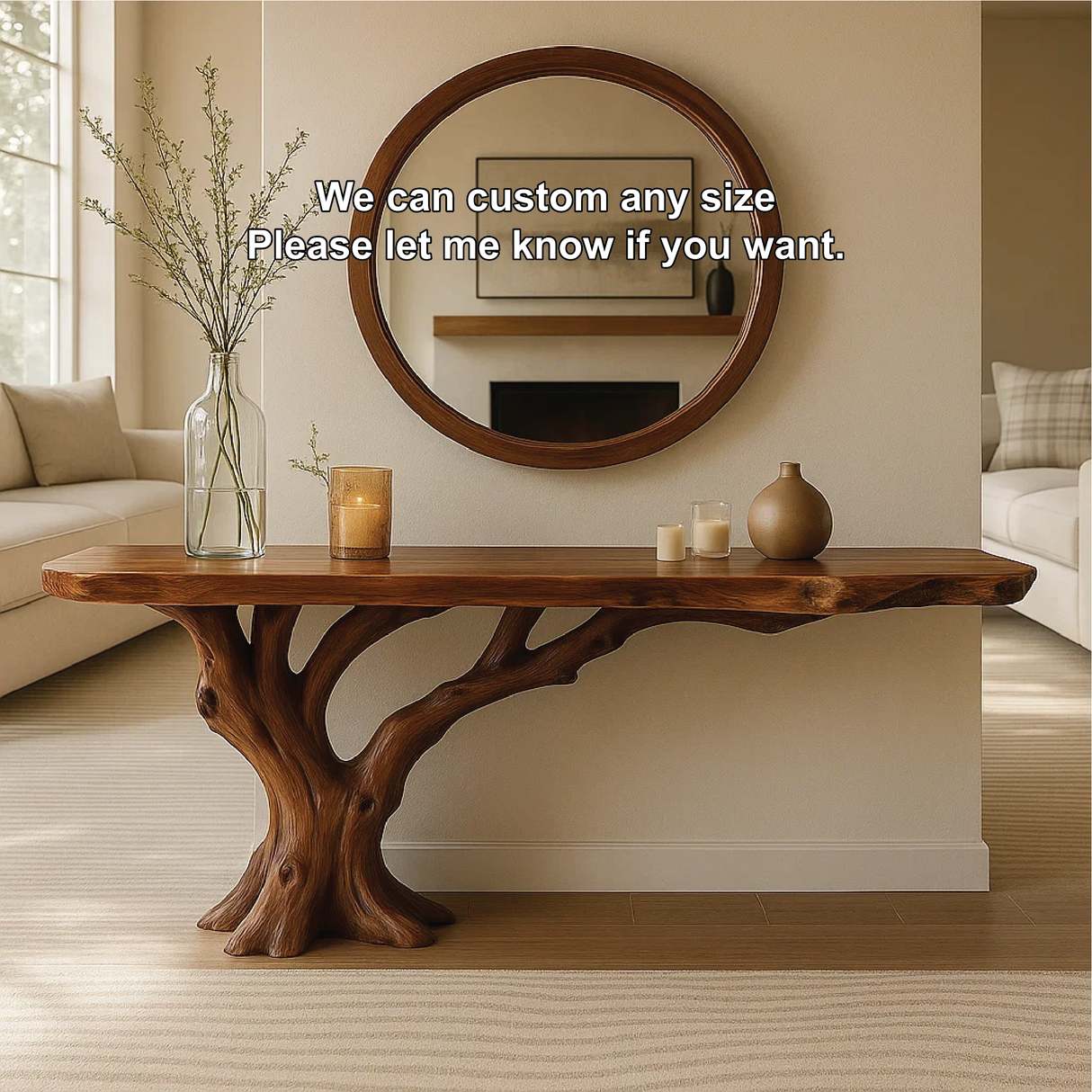 Handcrafted Solid Wood Console Table with Tree Trunk Base and Natural Live Edge Design