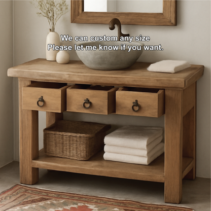Handcrafted Solid Wood Bathroom Vanity with Rustic Drawers and Open Shelf for Natural Interiors