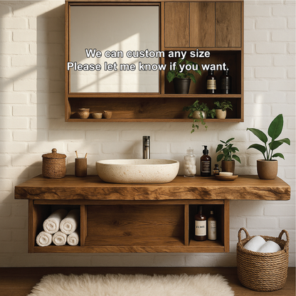 Handcrafted Solid Wood Floating Vanity with Live Edge Shelf and Matching Wall Cabinet