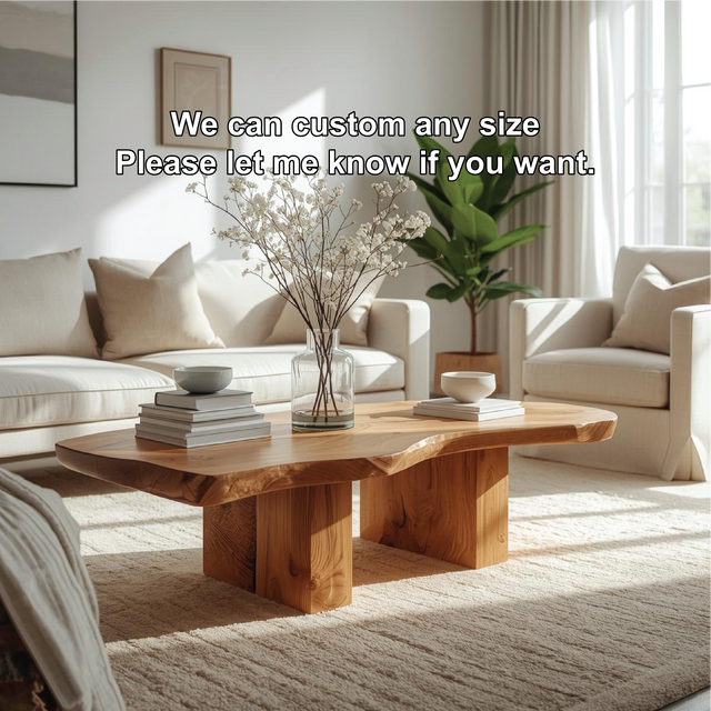 Handcrafted Solid Wood Coffee Table with Live Edge Design and Minimalist Block Base