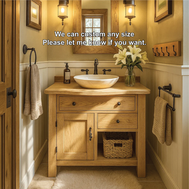 Handcrafted Solid Wood Bathroom Vanity with Drawer and Cabinet Storage in Natural Wood Finish