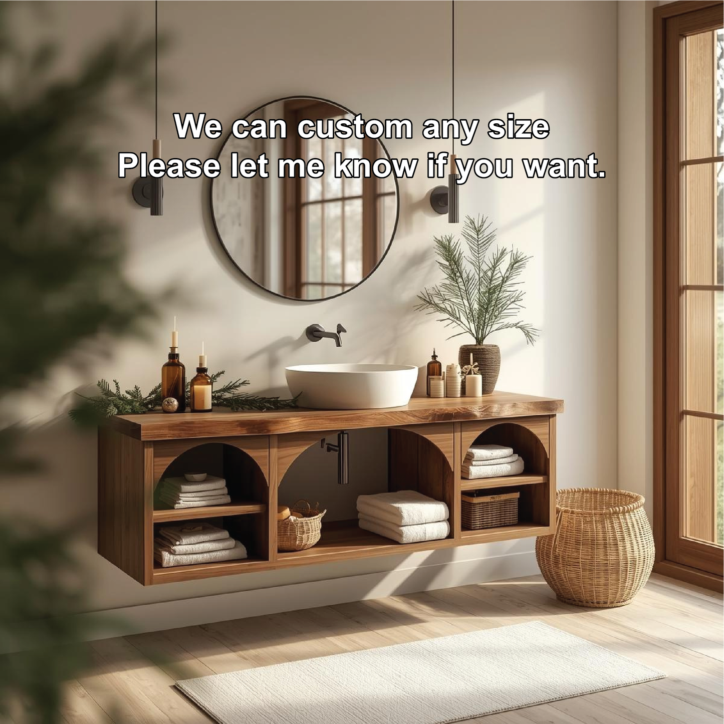 Handcrafted Solid Wood Floating Vanity with Arched Shelves and Natural Live Edge Design