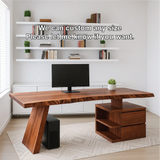 Handcrafted Solid Wood Work Desk – Live Edge Executive Office Table with Modern Asymmetric Base