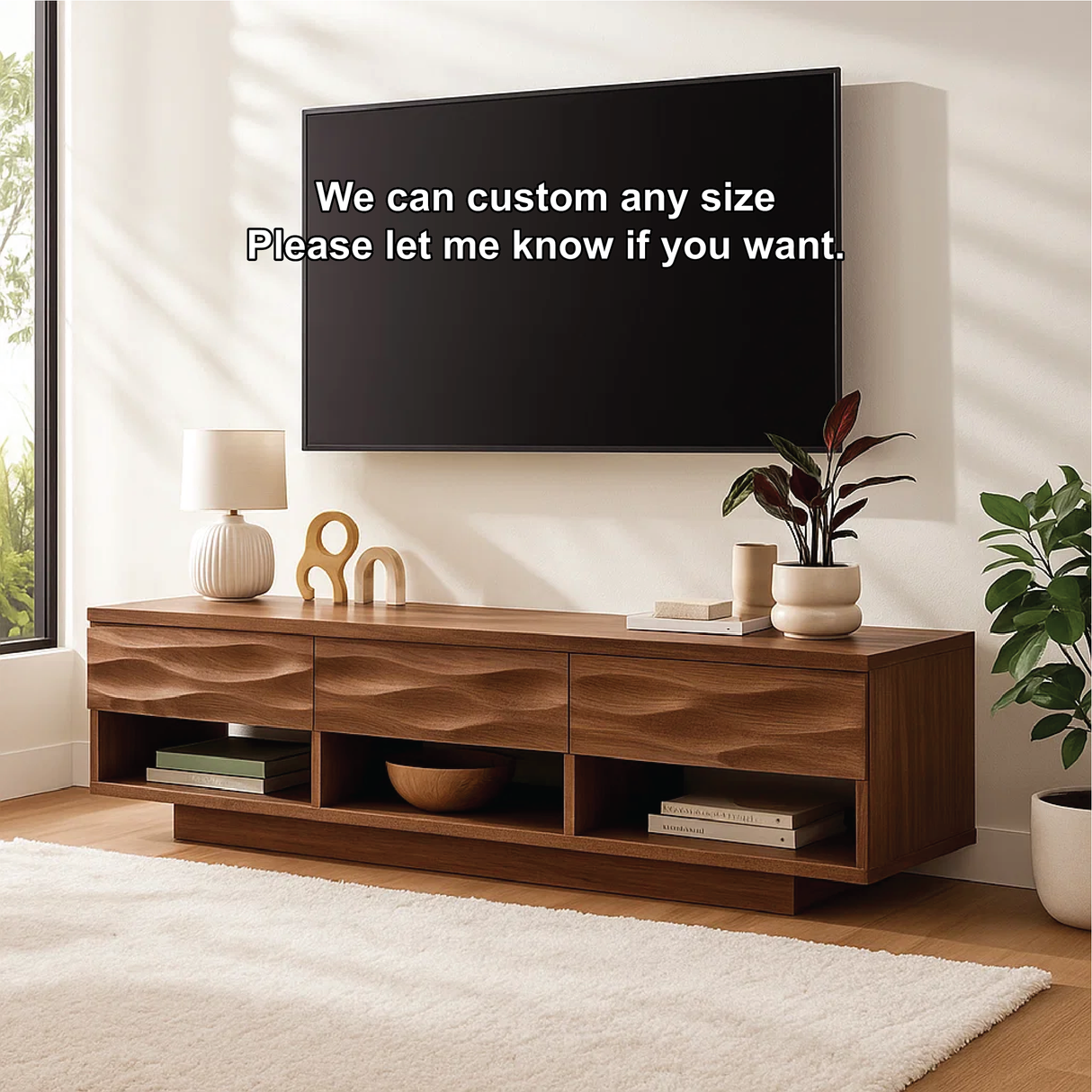 Handcrafted Solid Wood TV Stand – Modern Wavy Drawer Media Console for Contemporary Homes