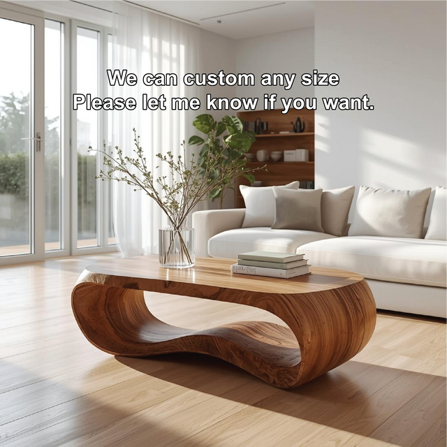 Handcrafted Solid Wood Coffee Table with Modern Curved Design and Natural Smooth Finish