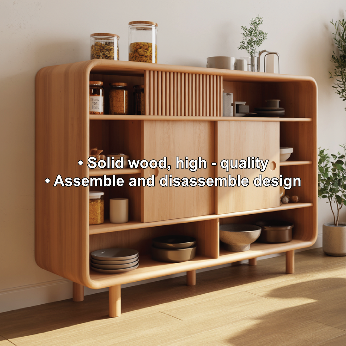 Solid Wood Console Table with Sliding Doors - Modern Storage Cabinet with Open Shelves